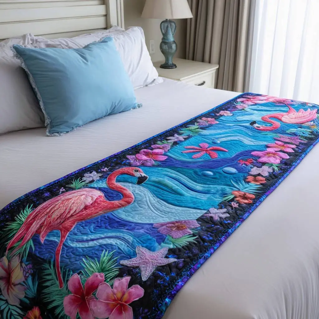 Wetland Whisper Quilted Bed Runner Wetland Whisper Bird-Themed Gift