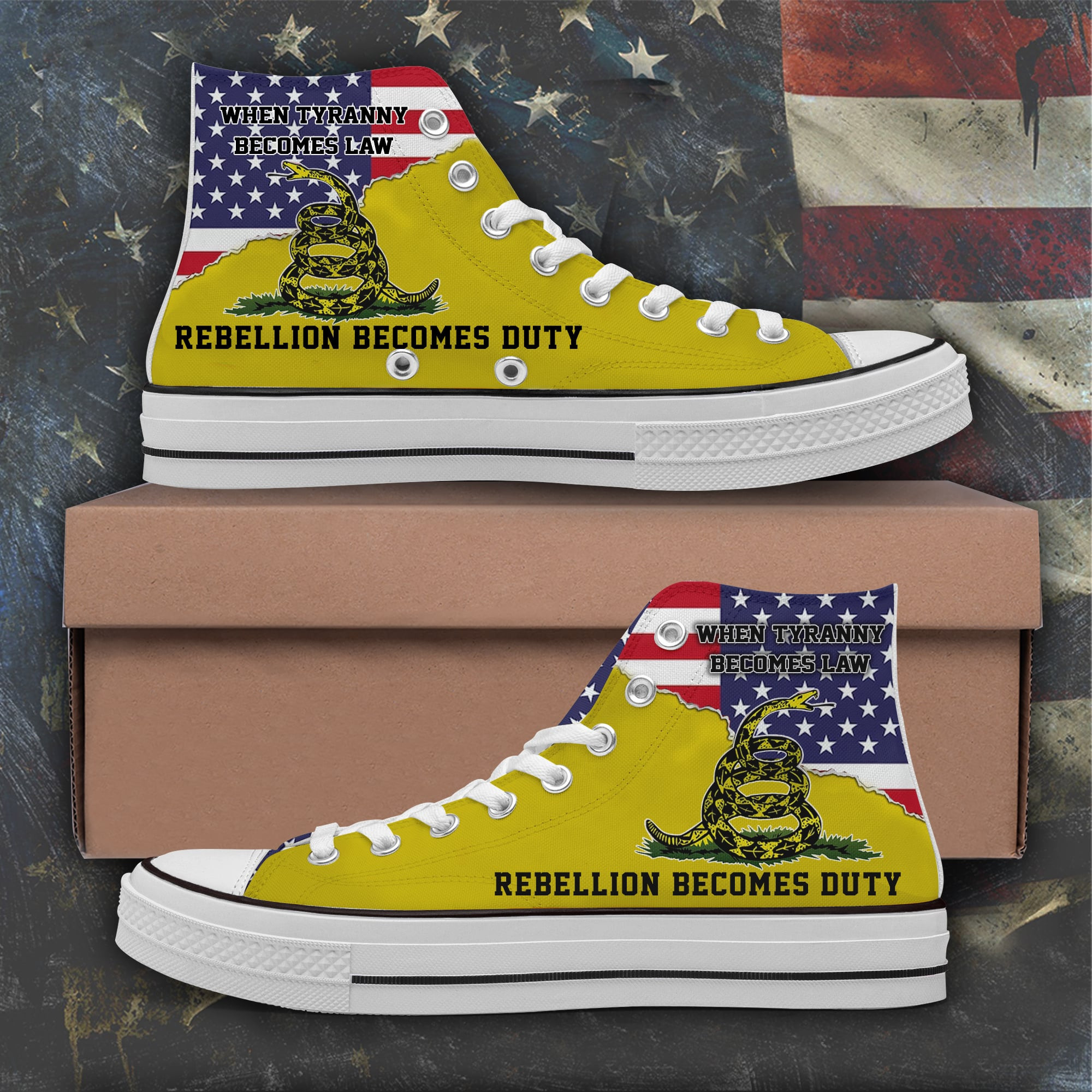When Tyranny Becomes Law Rebellion Becomes Duty High Top Shoes Don't Tread On Me Patriot Shoes