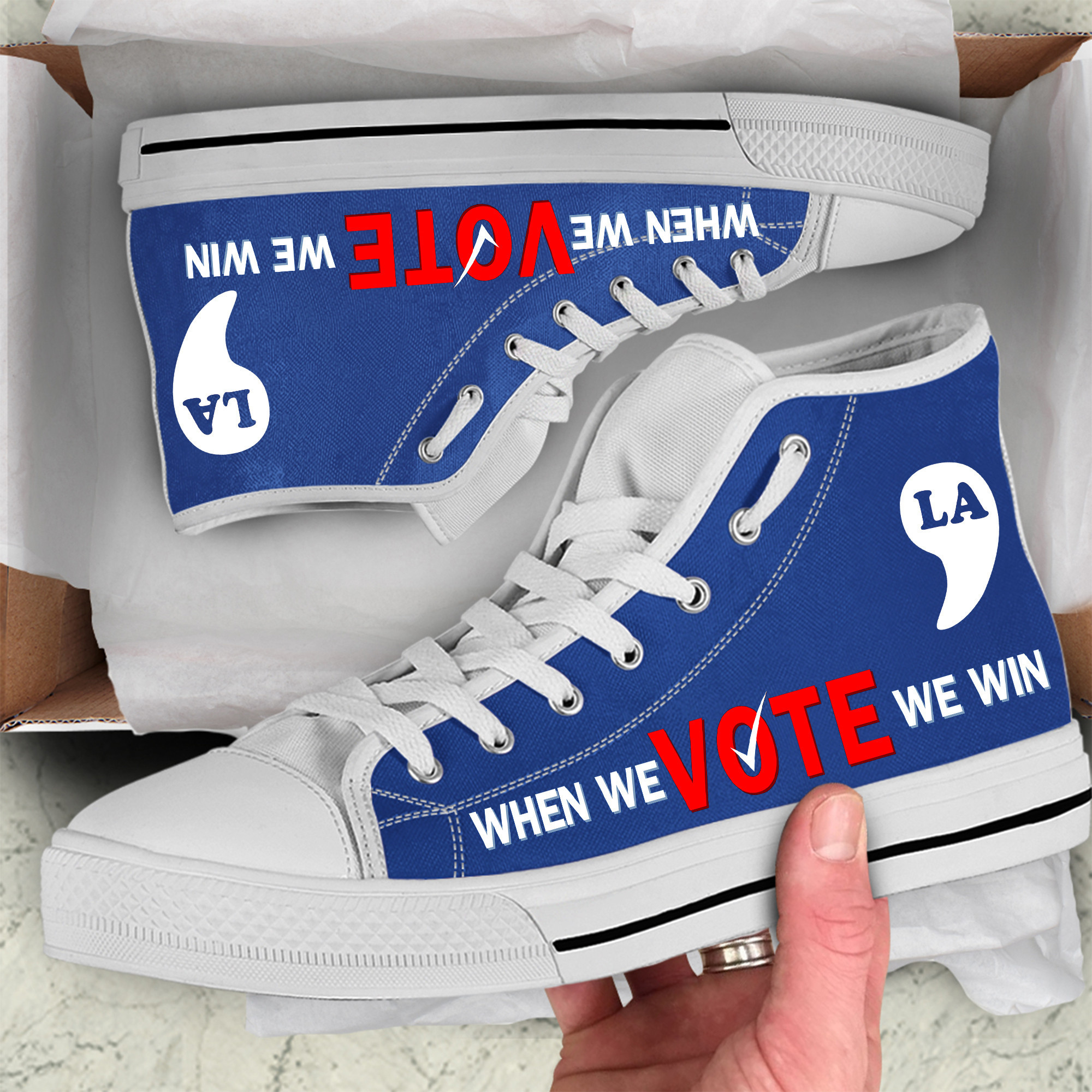 When We Vote We Win High Top Shoes Comma La Shoes Vote Blue Merchandise