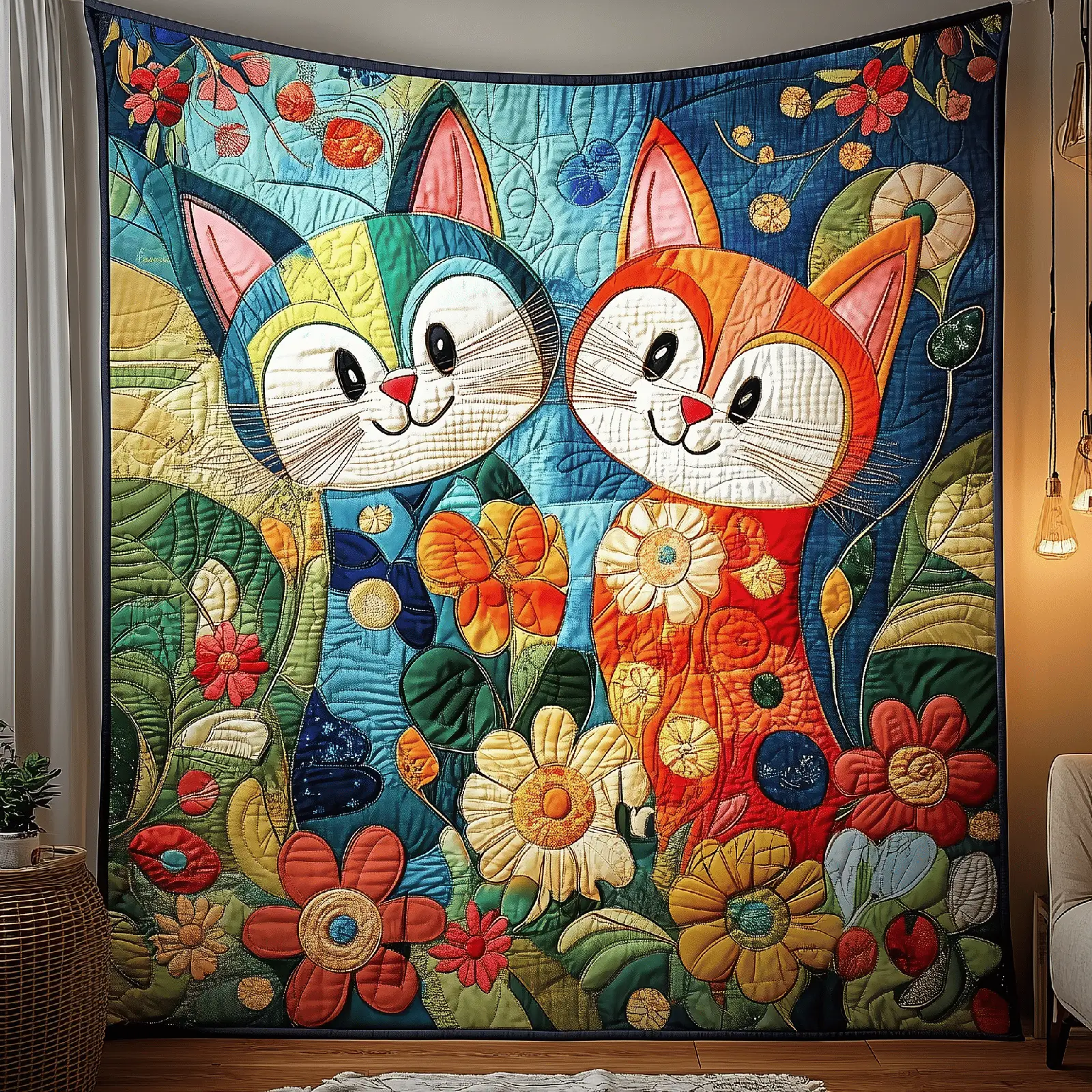 Whimsical Cat Couple Quilted Blanket Artisan Home Decor Best Valentines Gifts For Her