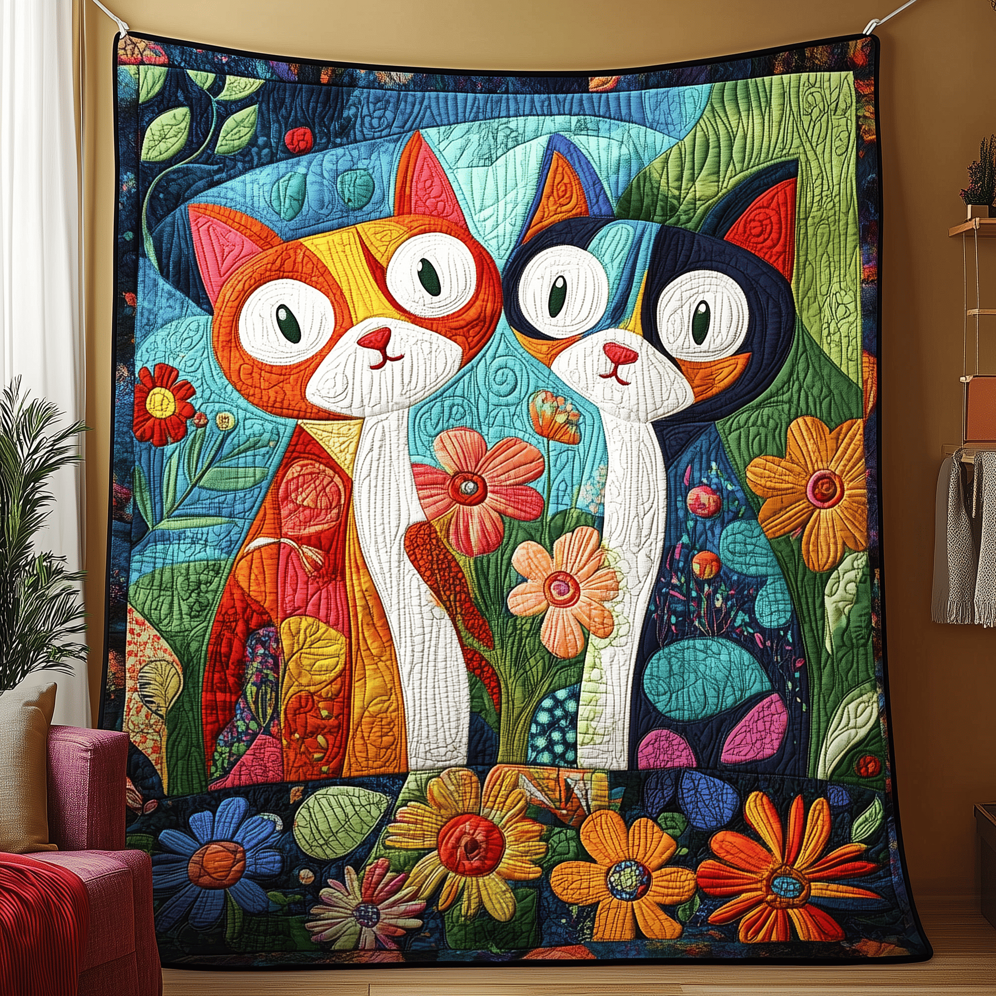 Whimsical Cat Couple Quilted Blanket Bedroom Decorations Valentines Gifts For Her