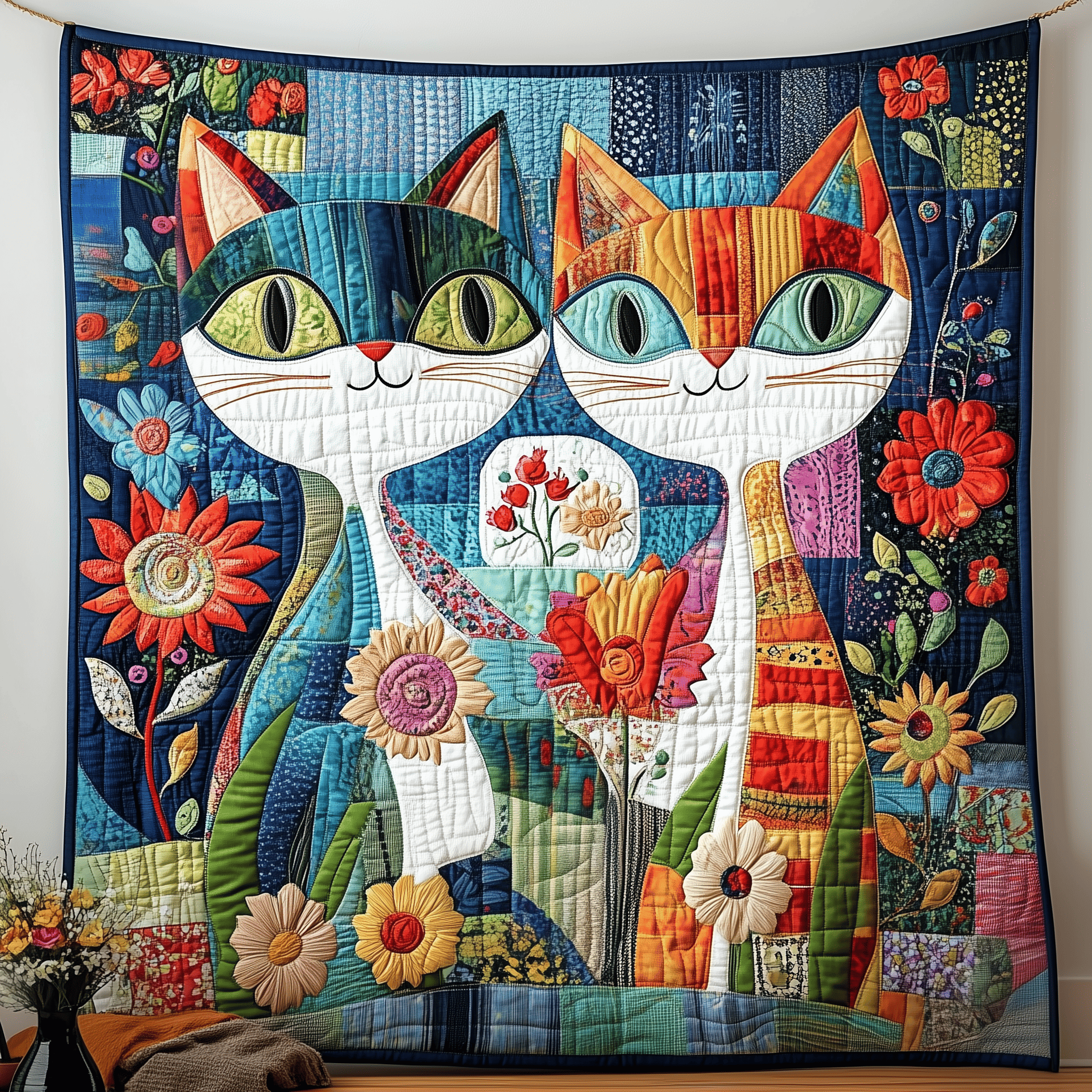 Whimsical Cat Couple Quilted Blanket Cozy Living Decor First Valentine Gift For Boyfriend