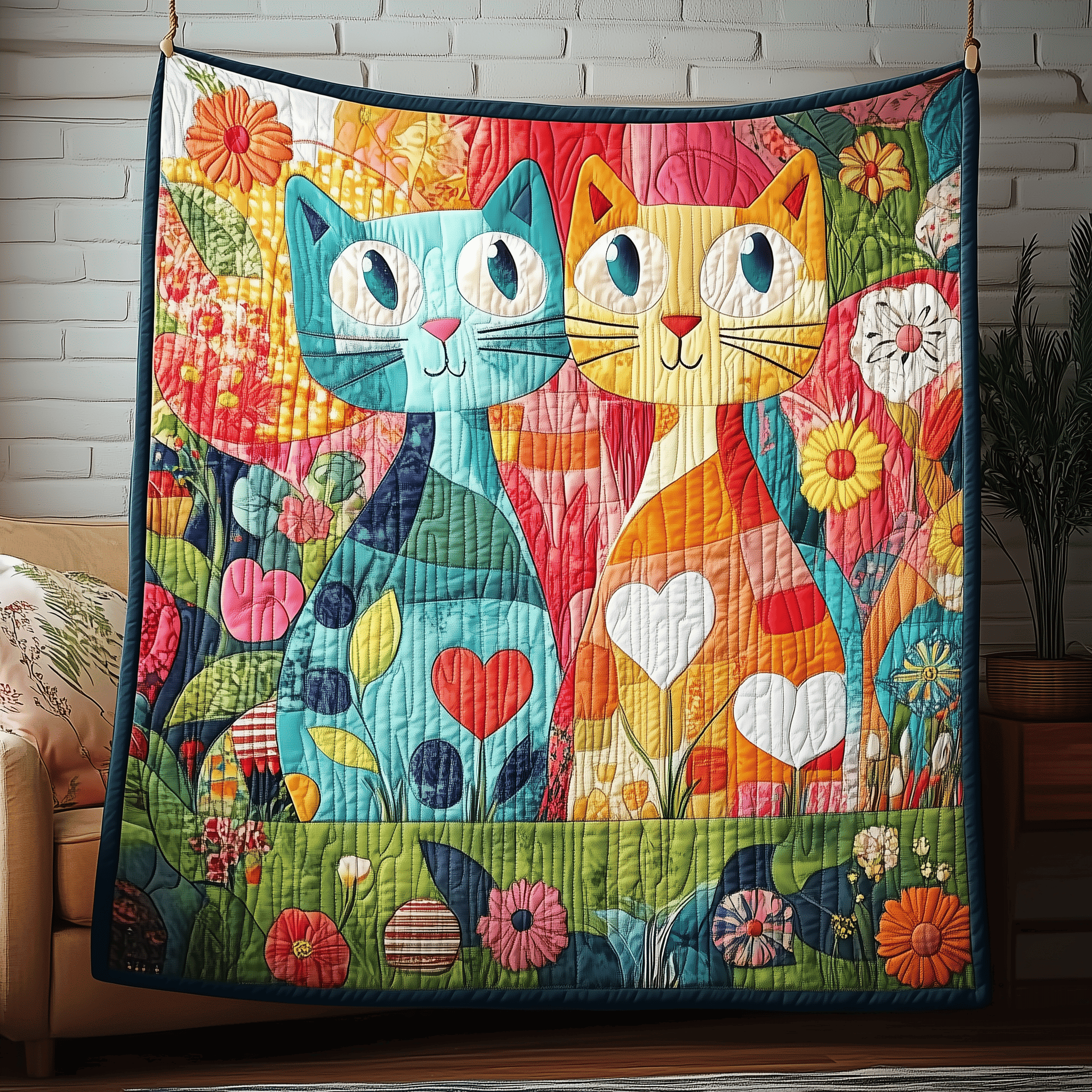 Whimsical Cat Couple Quilted Blanket Cozy Living Decor First Valentine Gift For Cat Lovers