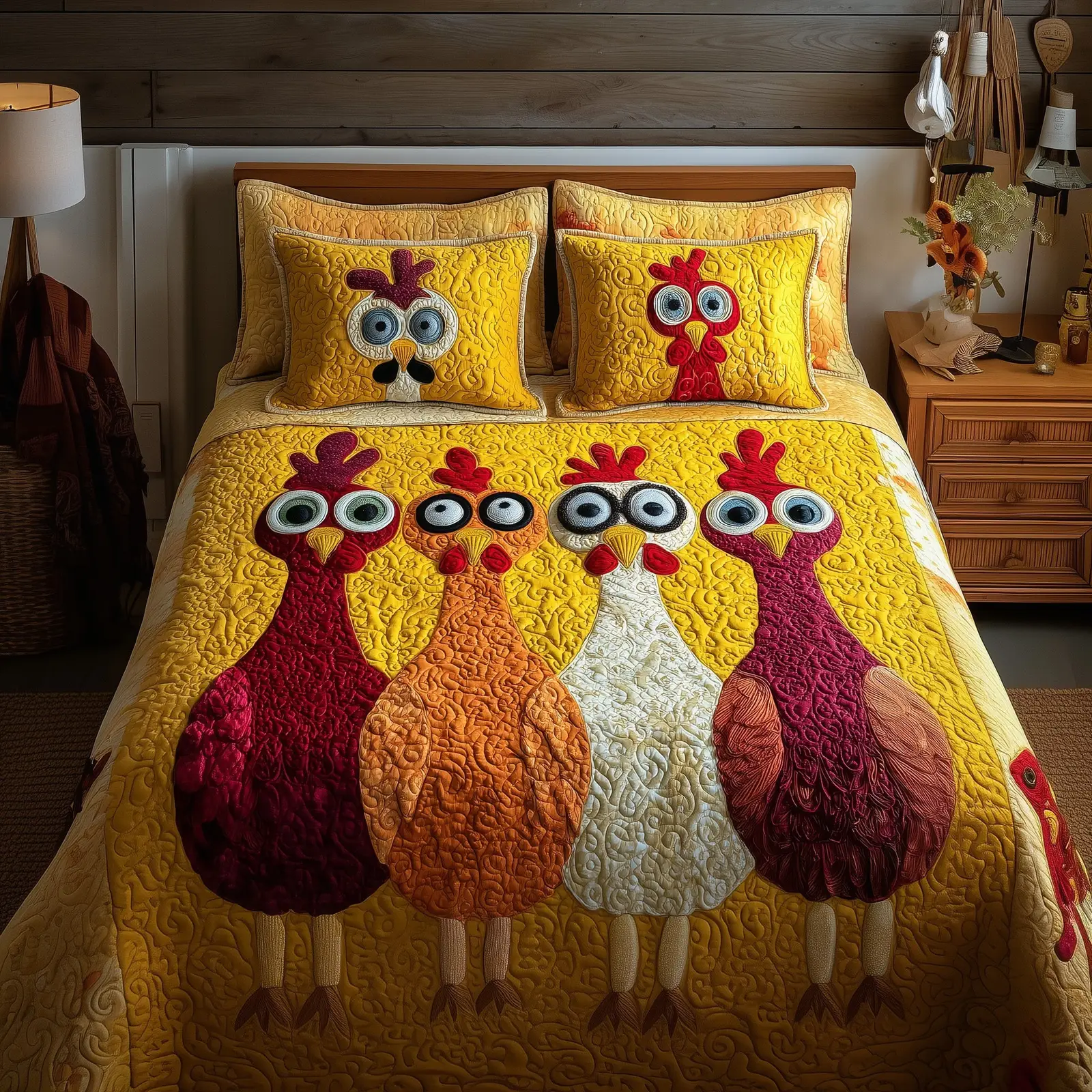 Whimsical Chicken Quilted Bedding Set Cotton Sateen