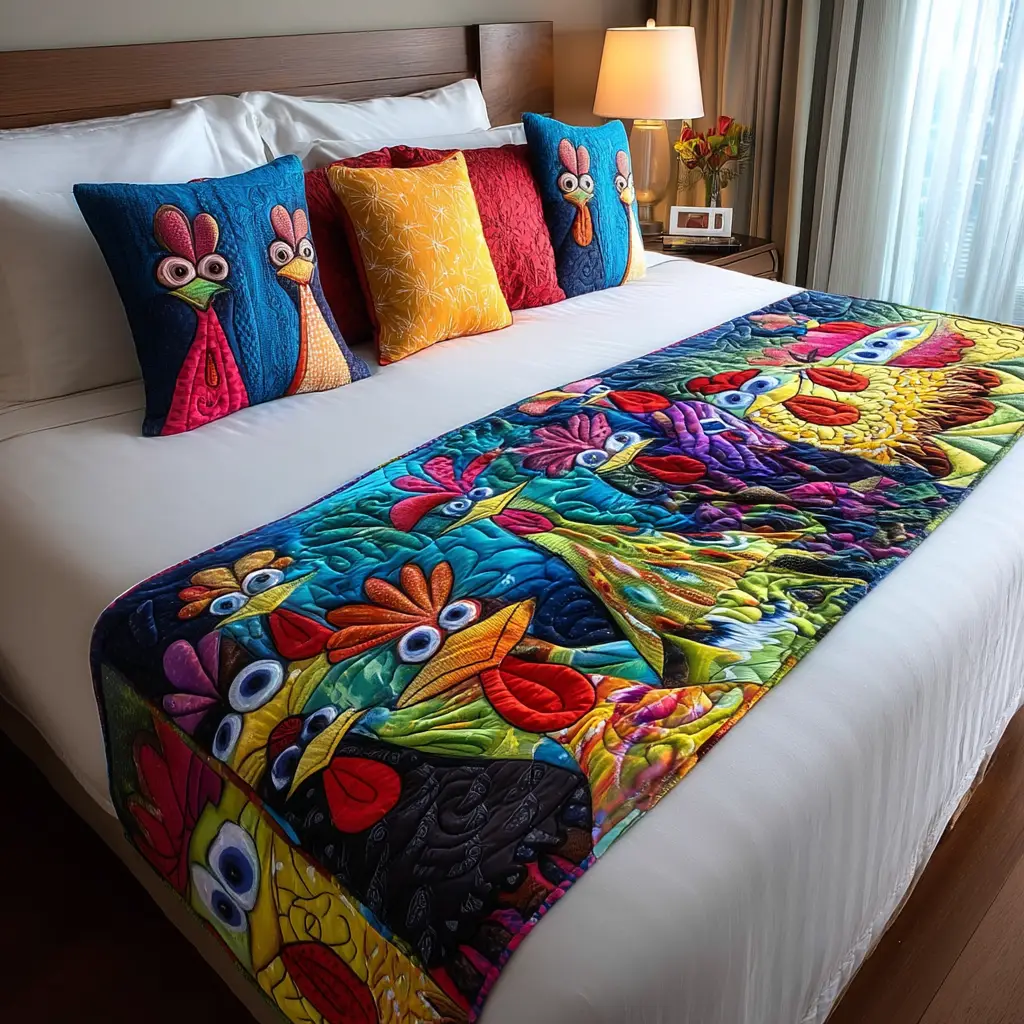 Whimsical Chickens Quilted Bed Runner Whimsical Chicken Art Gift for Pet Lovers
