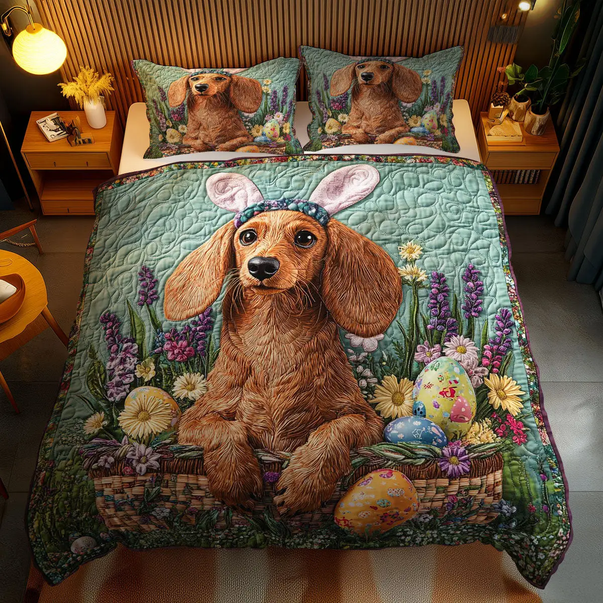 Whimsical Dachshund Bunny Quilted Bedding Set Holiday Bedroom Decor Items Gifts For Dad Whimsical Dachshund Bunny Quilted Bedding Set Holiday Bedroom Decor Items Gifts For Dad - Image 1