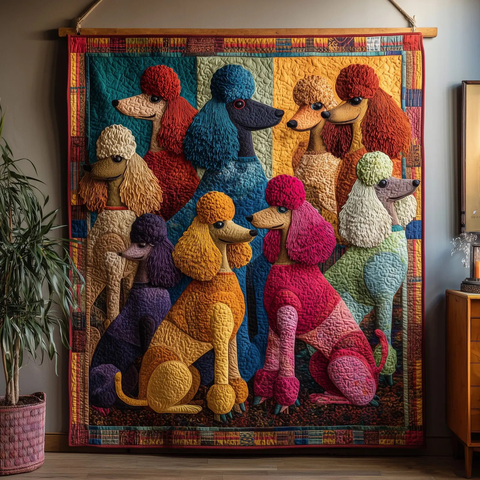 Whimsical Poodle Quilted Blanket Artistic Dog Themed Throw Poodle Gifts For Dog Lovers