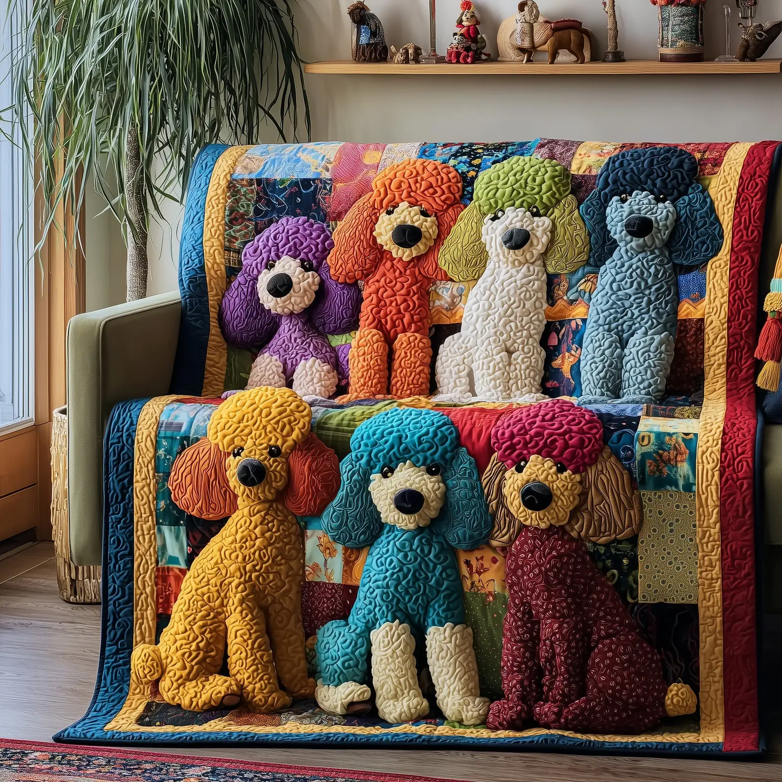 Whimsical Poodle Quilted Blanket Playful Dog Art Throw Poodle Gifts For Dog Lovers