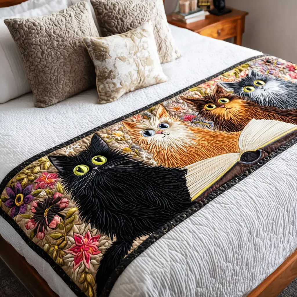 Whisker Page Rest Quilted Bed Runner Whisker Page Cat Reading-Themed Gift Whisker Page Rest Quilted Bed Runner Whisker Page Cat Reading-Themed Gift - Image 1