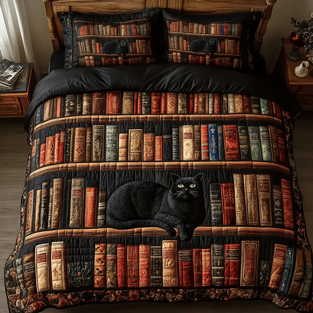 Whiskered Reads Quilted Bedding Set Christmas Bedding Sets Book Lovers Gifts For Mom