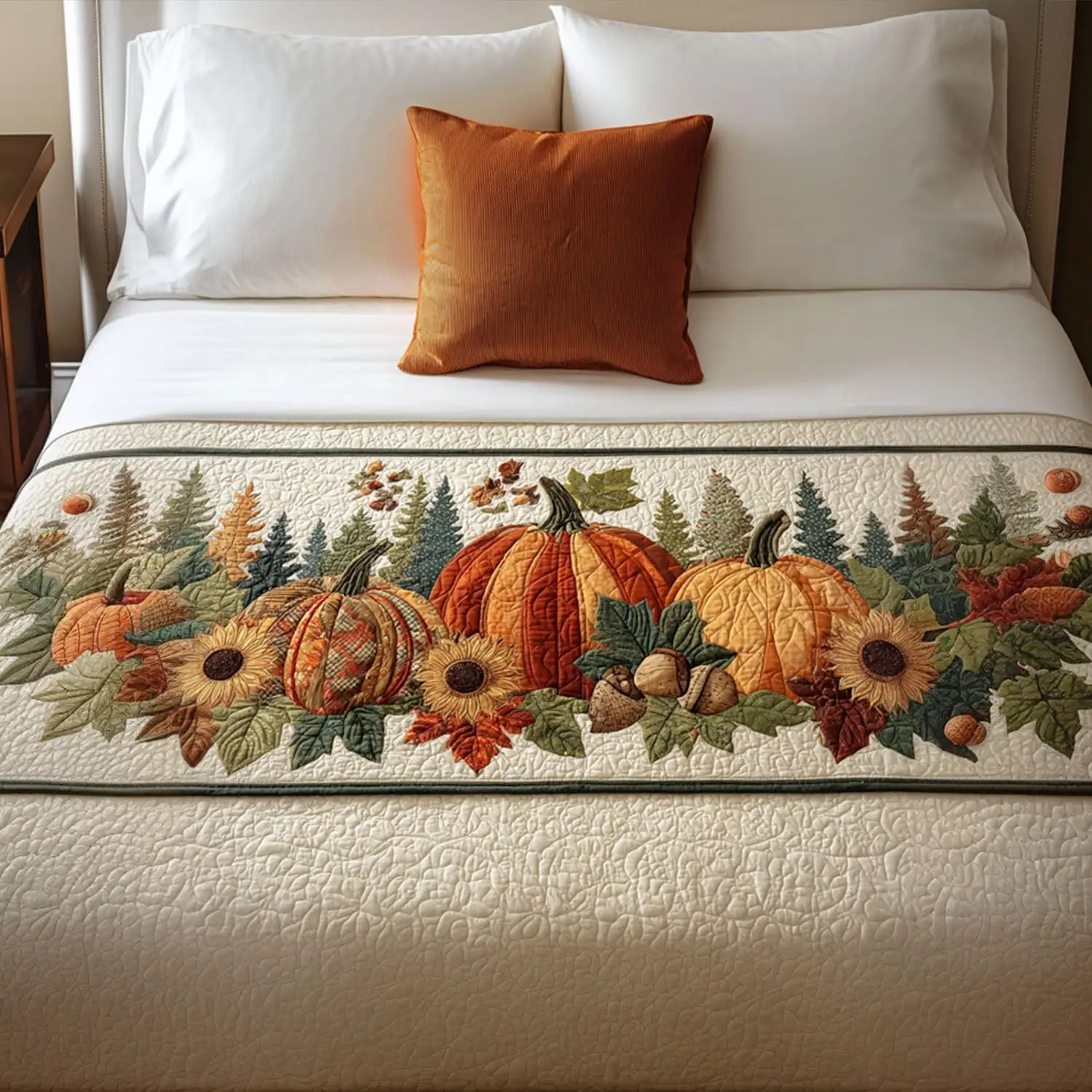 Whiskers in the Leaves Quilted Bed Runner Cat Theme Style Gift for Cat Lovers