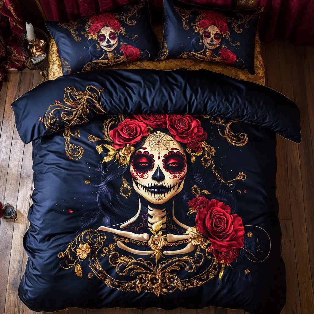 Whispering Rose Skull Woman Quilted Bedding Set Duvet Cover Bedspread Xmas Gifts For Couples