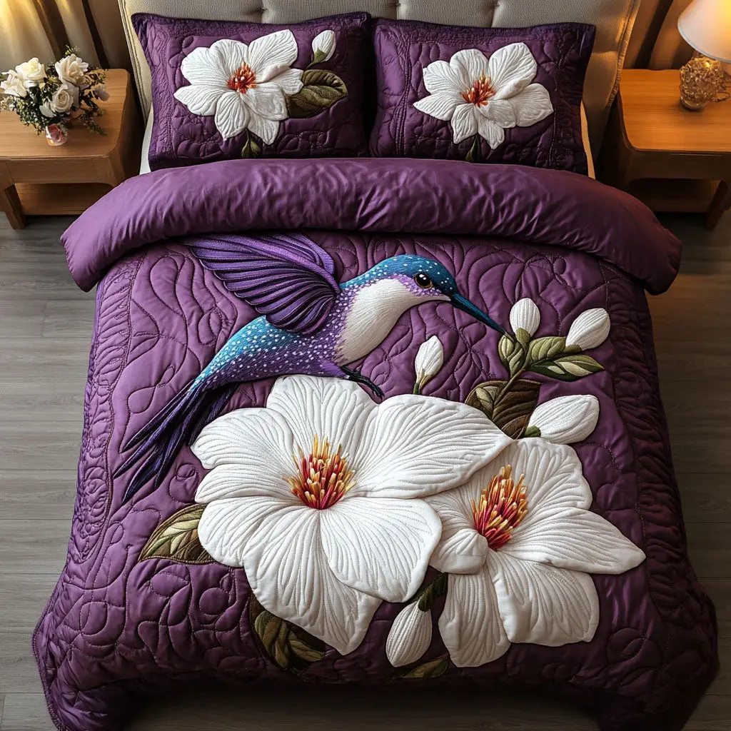 White Blooming Flight Quilted Bedding Set Bed Decor Awesome Gifts For Hummingbird Lovers