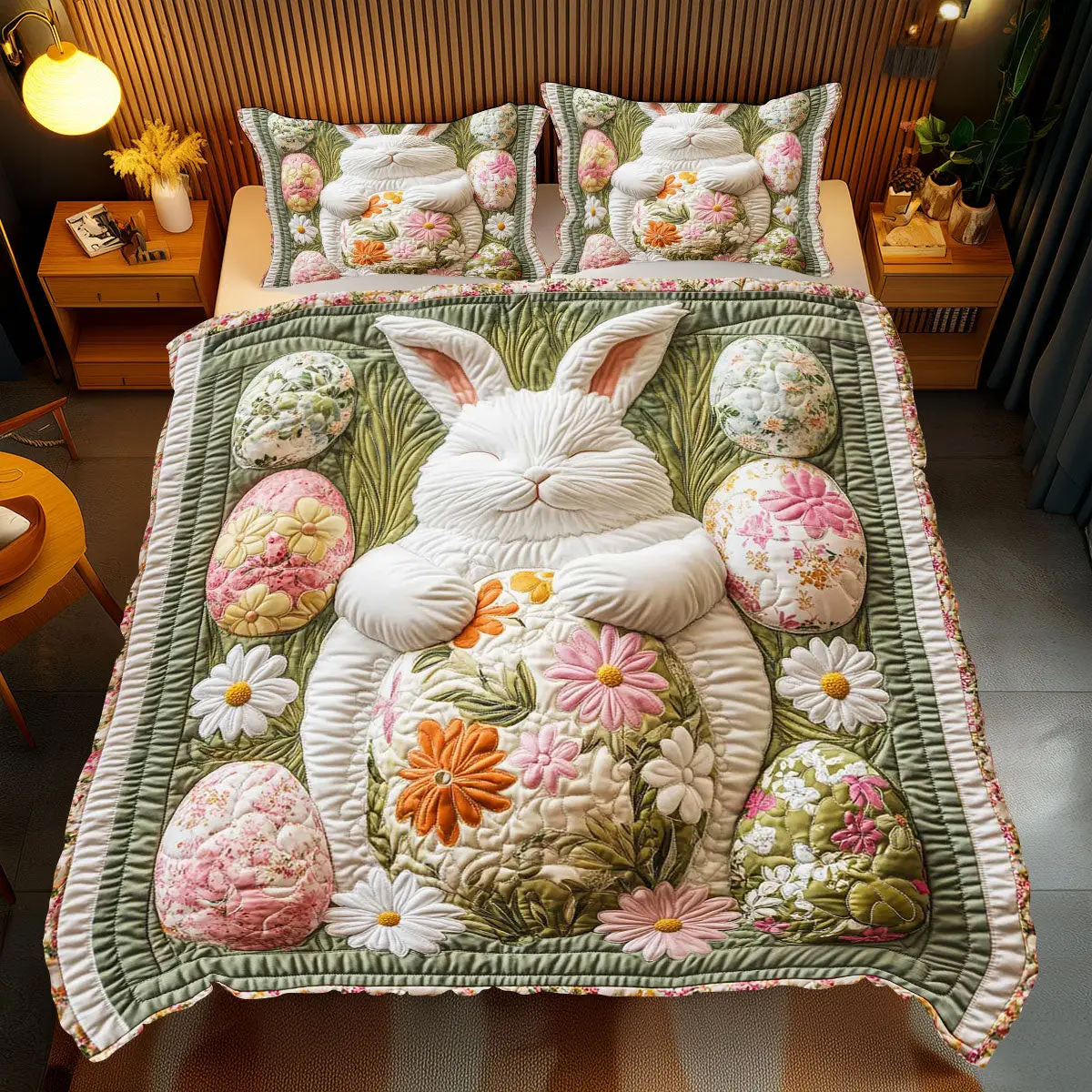 White Bunny Easter Quilted Bedding Set Holiday Bedspread Set Gifts For Girlfriends White Bunny Easter Quilted Bedding Set Holiday Bedspread Set Gifts For Girlfriends - Image 1