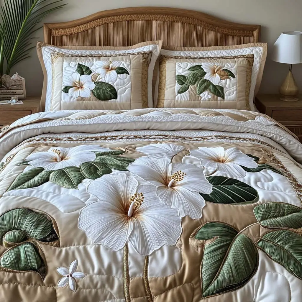 White Hibiscus Quilted Bedding Set Twin Bed Sheets Nature Themed Gift For Dad