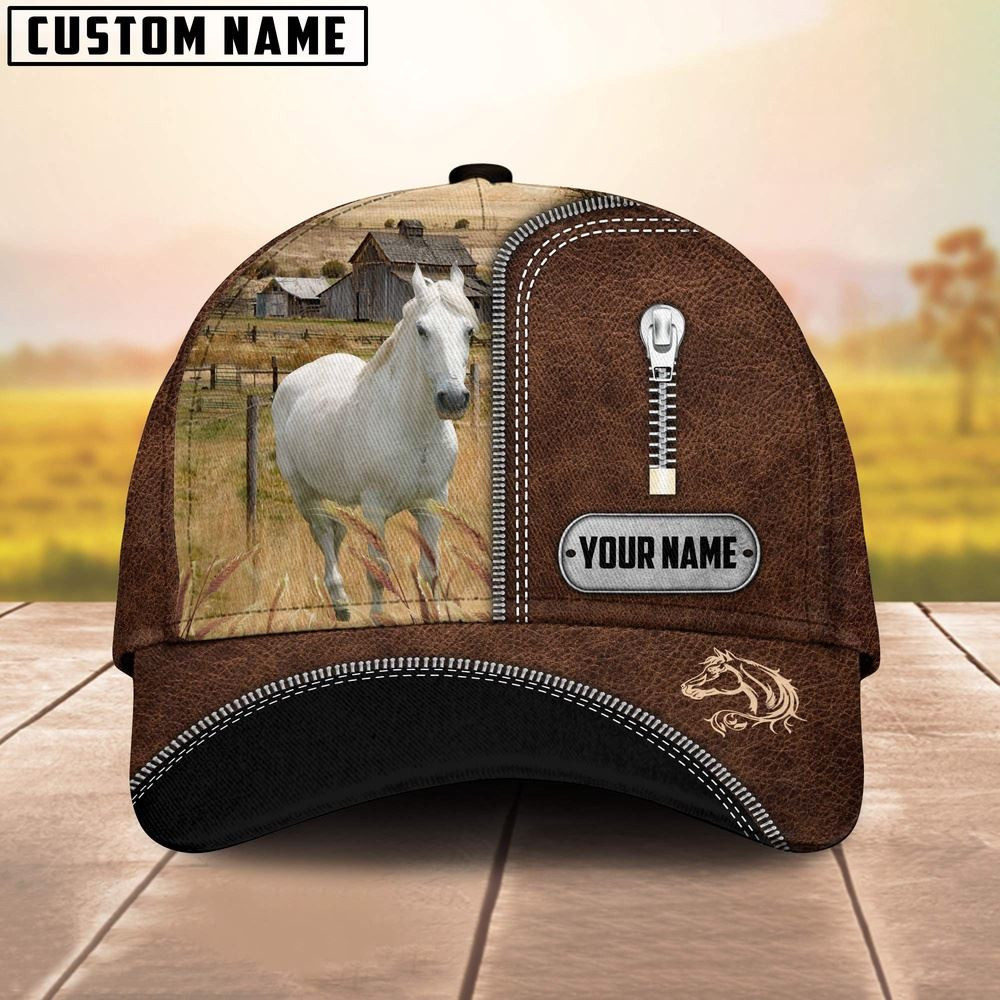White Horse Leather Zip Pattern Customized Name Cap Farm Cap Farmer Baseball Cap Gift For Farmer