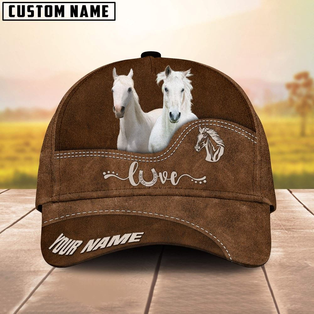 White Horse Love Leather Pattern Customized Name Cap Farm Cap Farmer Baseball Cap Gift For Farmer