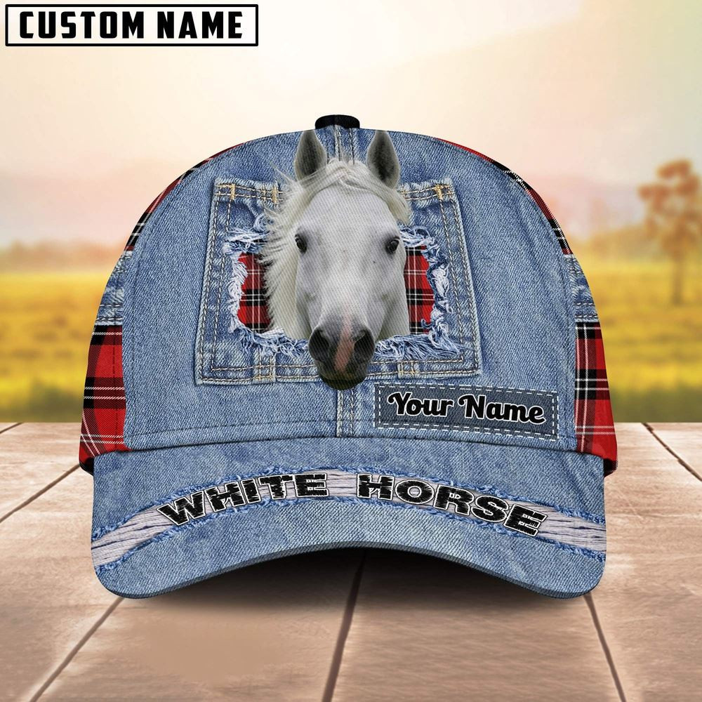 White Horse Overall Jeans Pattern And Red Caro Pattern Customized Name Cap Gift For Farmer