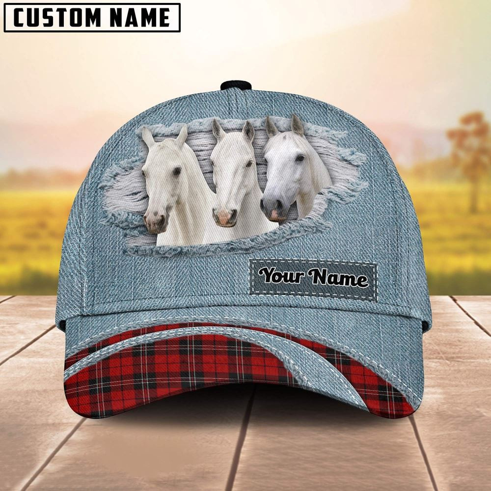 White Horse Red Caro And Jeans Pattern Customized Name Cap Farmer Baseball Cap Gift For Farmer