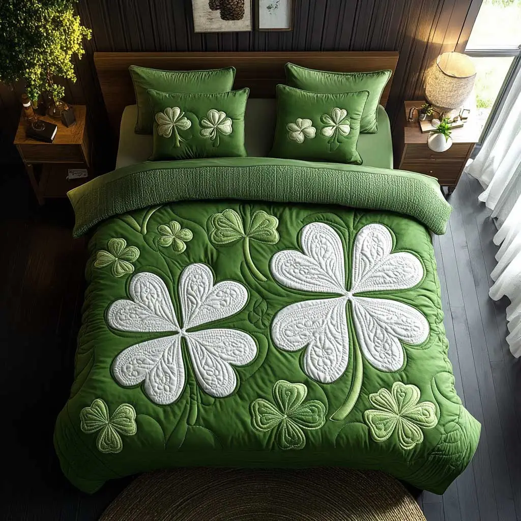 White Lucky Clover Quilted Bedding Set Shamrock Duvet Cover St Patricks Day Gift Ideas