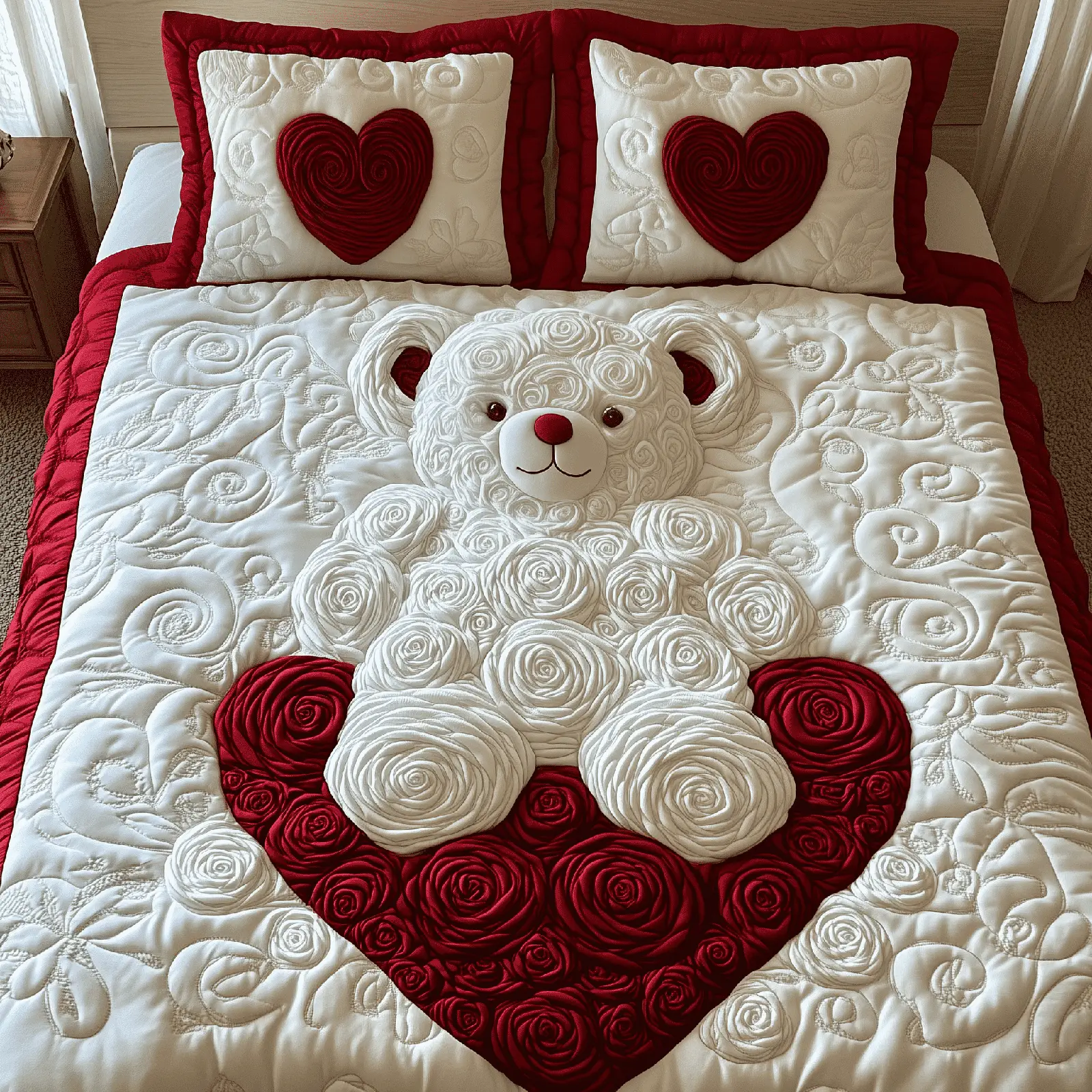 White Roses Love Bear Quilted Bedding Set Beautiful Bear Valentine Gifts For Your Nana