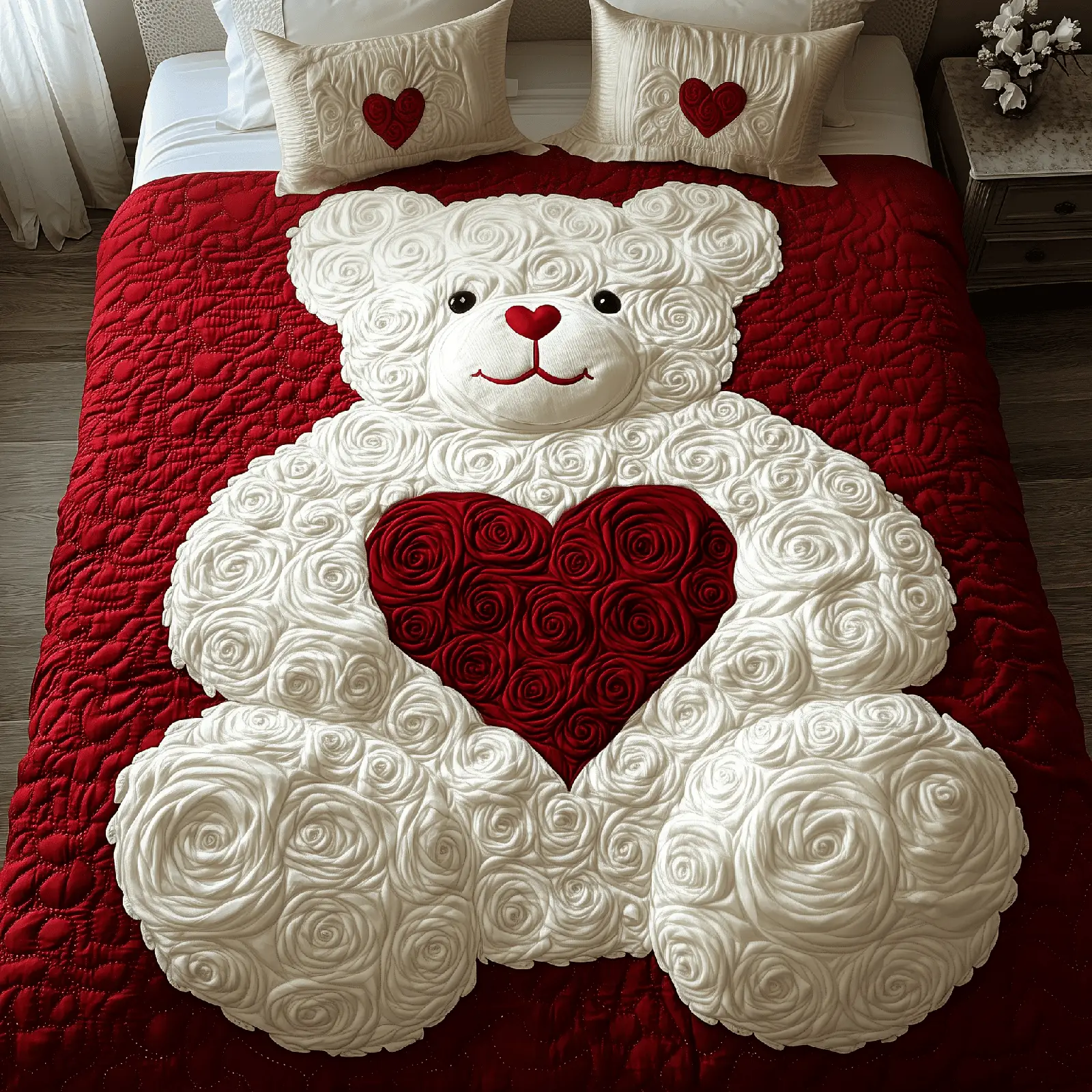 White Roses Love Bear Quilted Bedding Set Trendy Home Decor Idea Gift For Valentine's Day