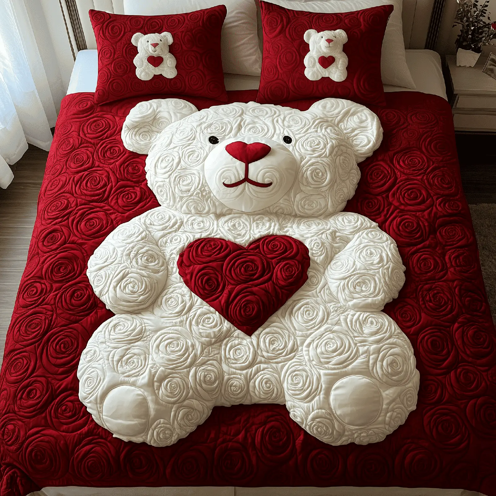 White Roses Love Bear Quilted Bedding Set Valentine Day Gifts For Your Family