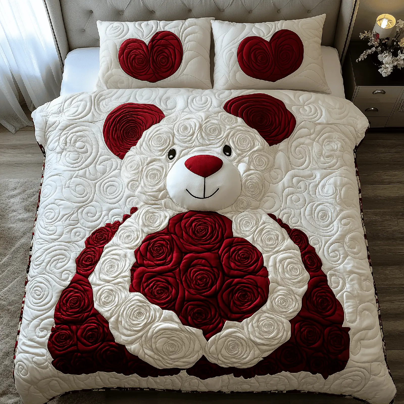 White Roses Love Bear Quilted Bedding Set Vintage Home Decor Valentines Gifts For Boyfriend