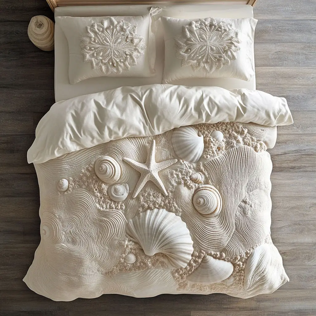 White Sandy Shores Quilted Bedding Set Duvet Cover Bedspread Xmas Present Ideas White Sandy Shores Quilted Bedding Set Duvet Cover Bedspread Xmas Present Ideas - Image 1