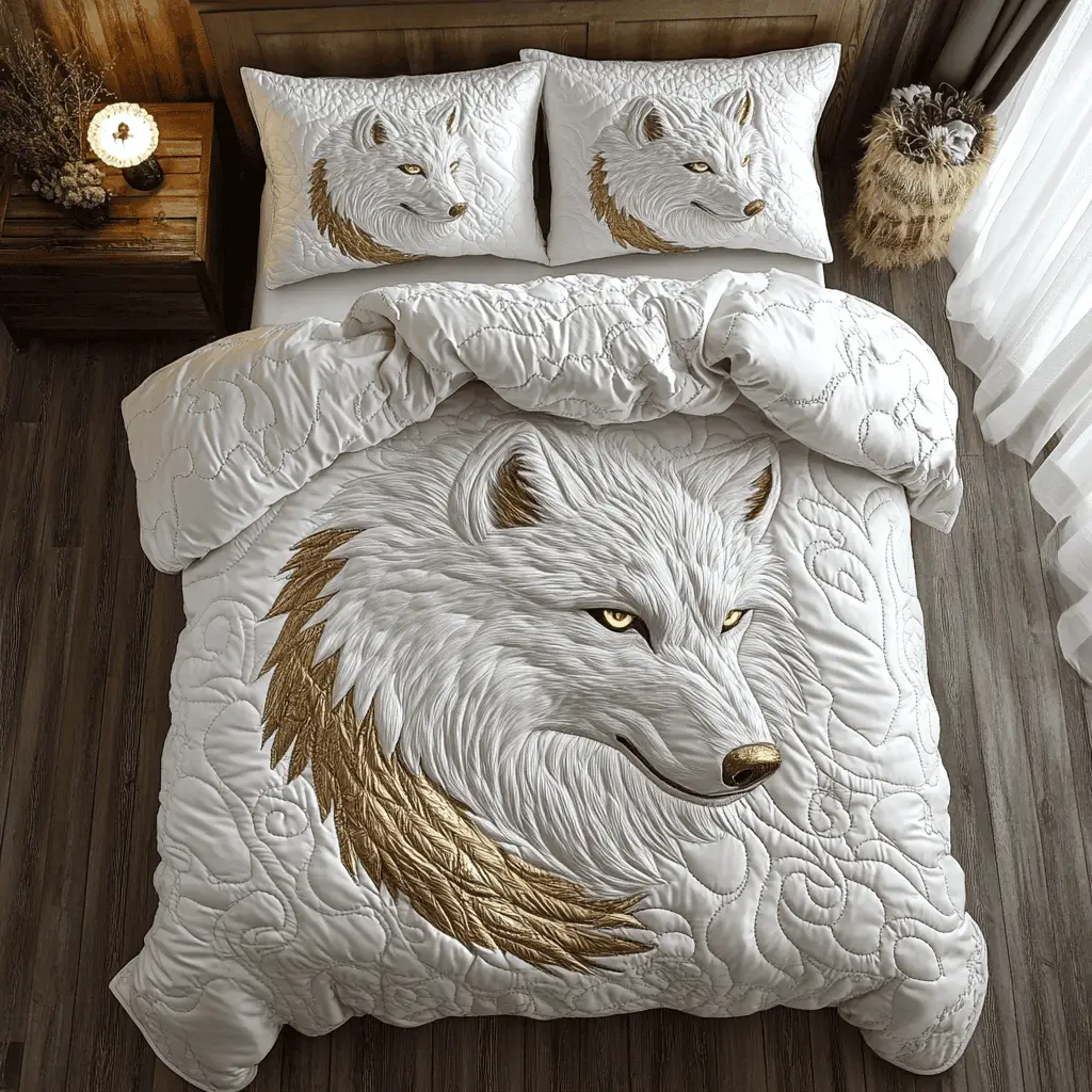 White Wolf Quilted Bedding Set Duvet Cover Bedspread Gifts For Son