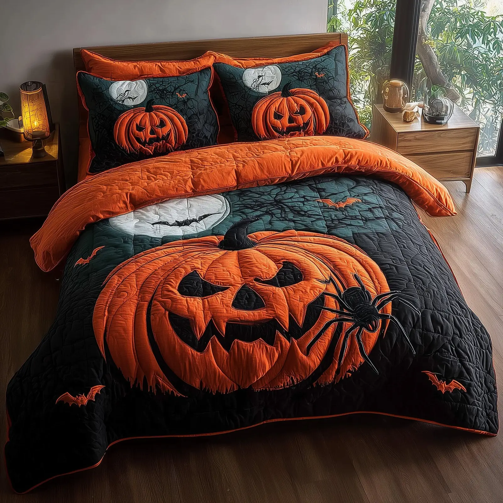 Wicked Pumpkin Glow Quilted Bedding Set Relaxing Sleep