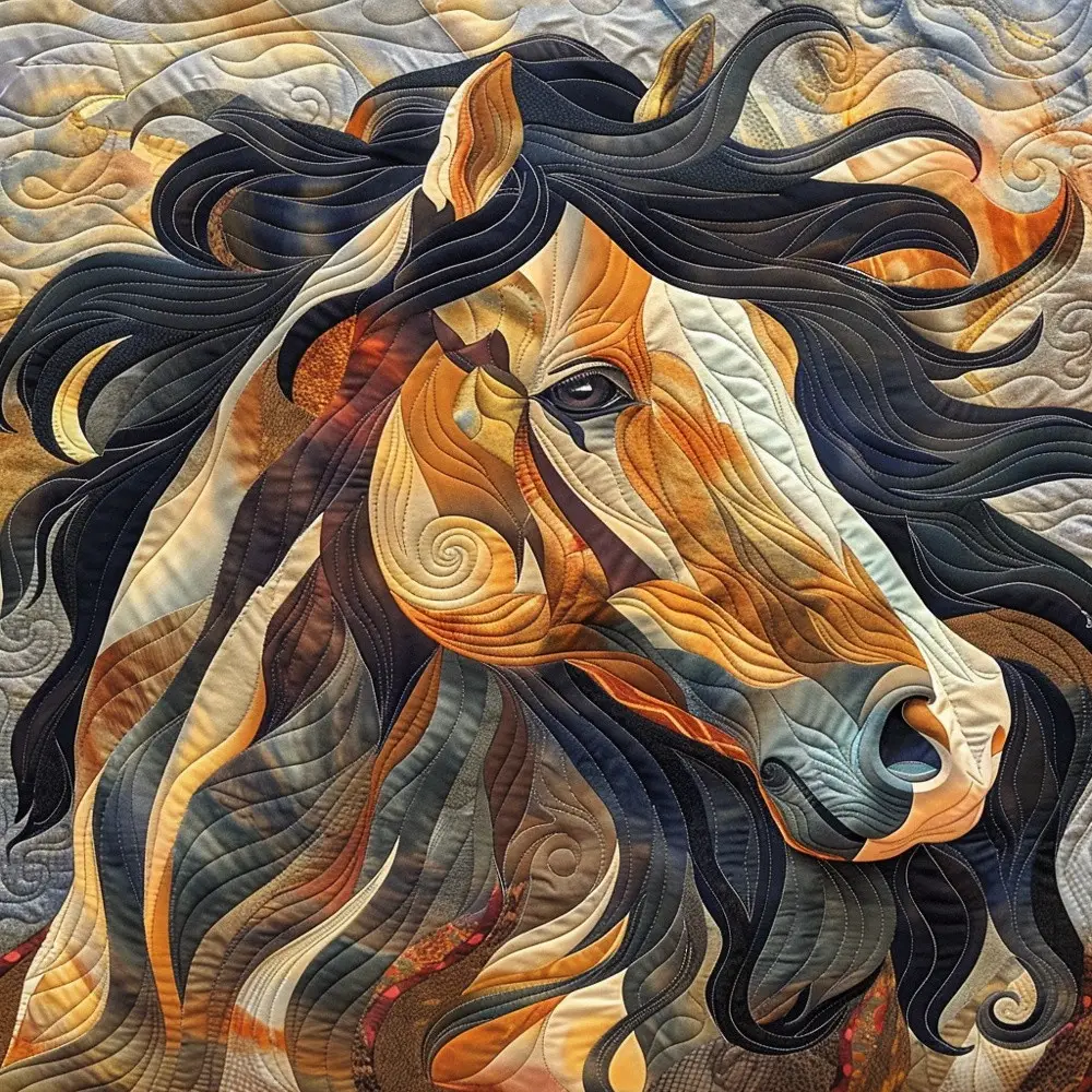 Wild Mustang Horse Quilted Blanket Equestrian Flowing Mane Art Cozy Throw Best Gift For Horse Lovers