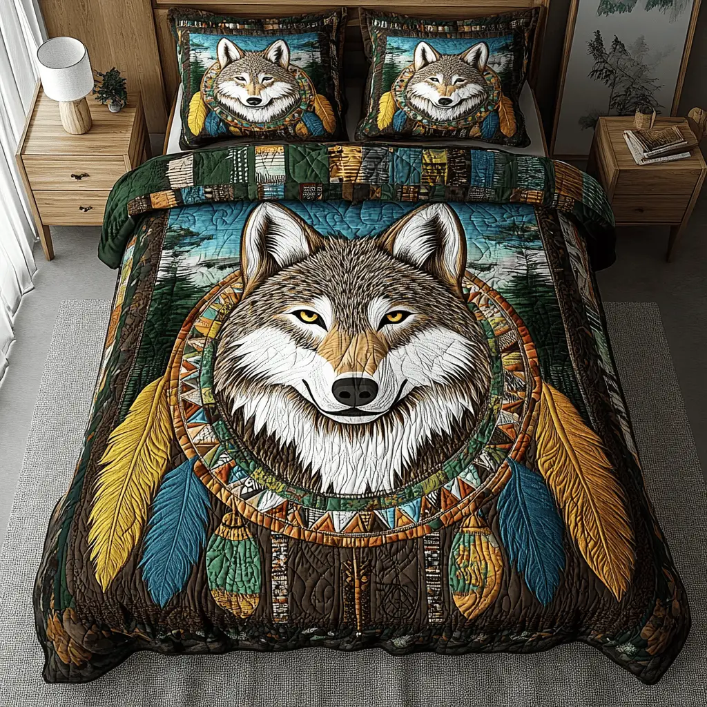 Wild Spirit Quilted Bedding Set Holiday Season Duvet Cover Set Wolf Gifts For Him