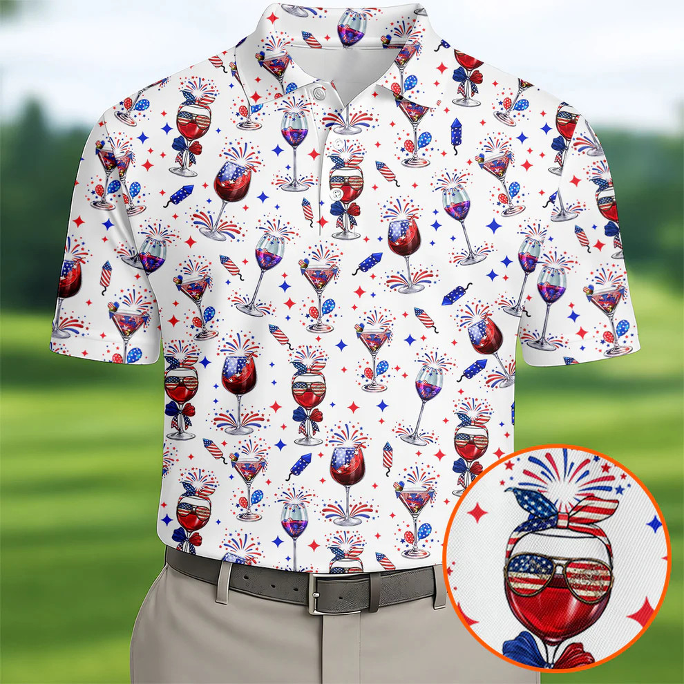 Wine And Martini American Flag Polo Golf Shirt 250th Anniversary Men's Apparel