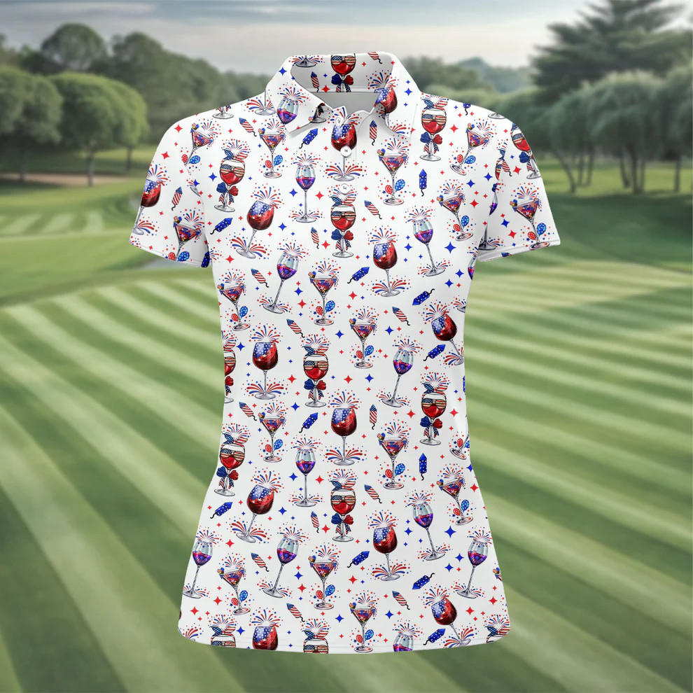 Wine And Martini American Flag Polo Golf Shirt 250th Anniversary Women's Apparel
