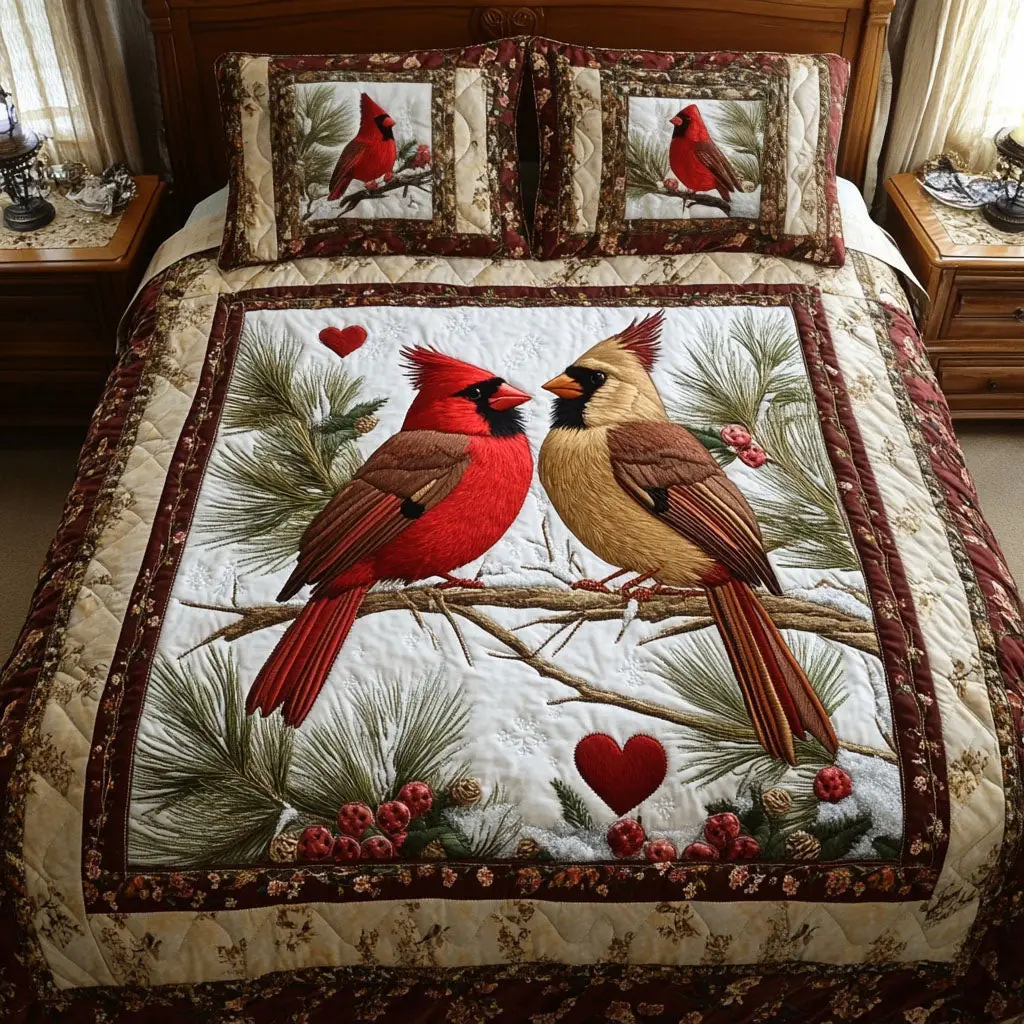 Winged Love Quilted Bedding Set Cardinal Couple Valentines Bedroom Decor Gifts For Husband