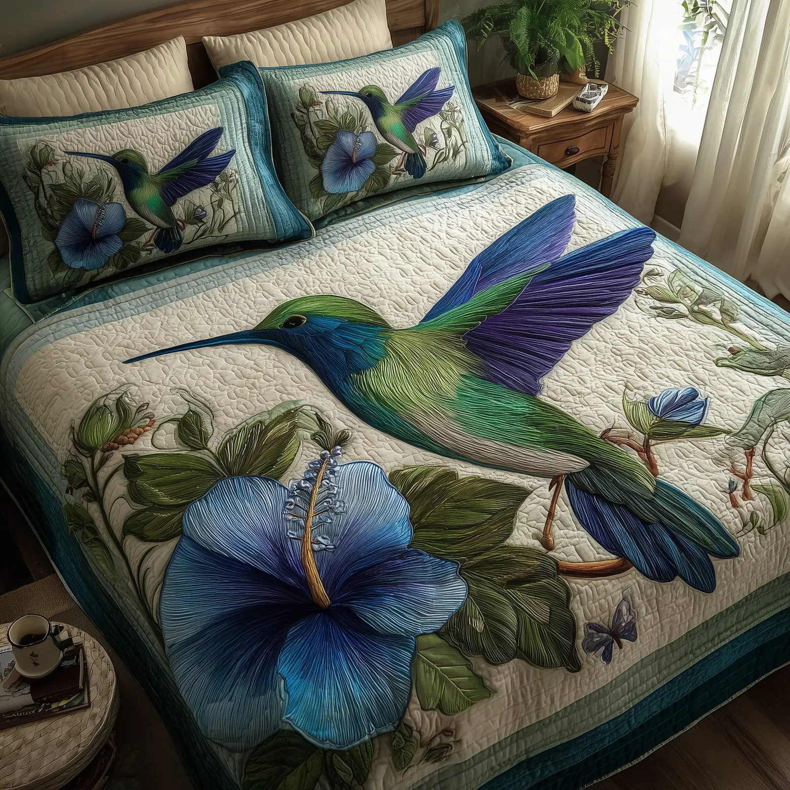 Wings Blue Petals Quilted Bedding Set Cozy Bedroom