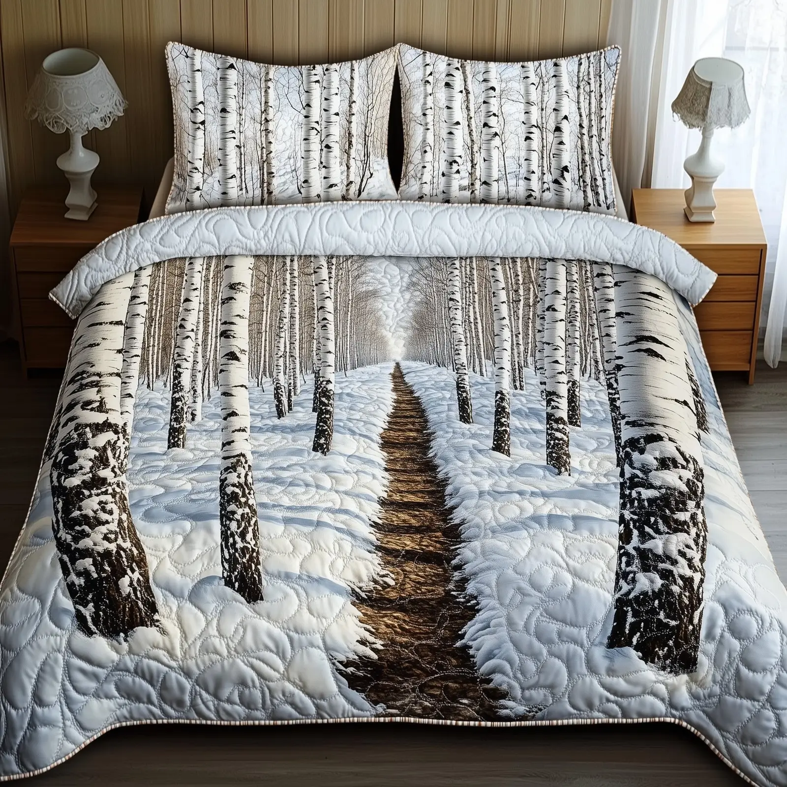 Winter Birch Christmas Quilted Bedding Set Duvet Cover Bedspread Xmas Gifts