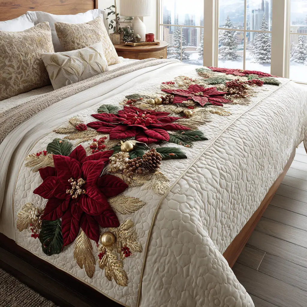 Winter Bloom Quilted Bed Runner Frosty Floral Bloom Winter Gift for Wife