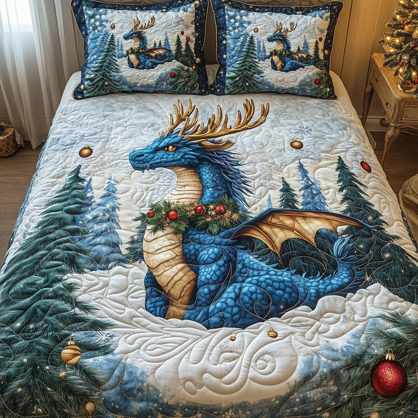 Winter Dragon Quilted Bedding Set  Bedspread Dragon In Forest Christmas Dragoy Gift Items