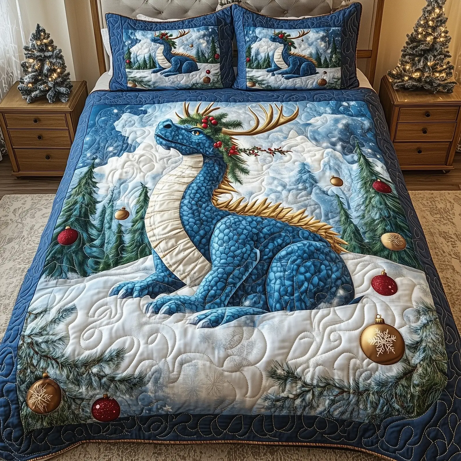 Winter Dragon Quilted Bedding Set  Duvet Cover Dragon In Forest Xmas Dragoy Gift Items