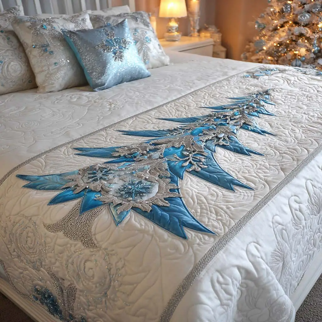 Winter Evergreen Quilted Bed Runner Winter Evergreen Forest Christian Gift