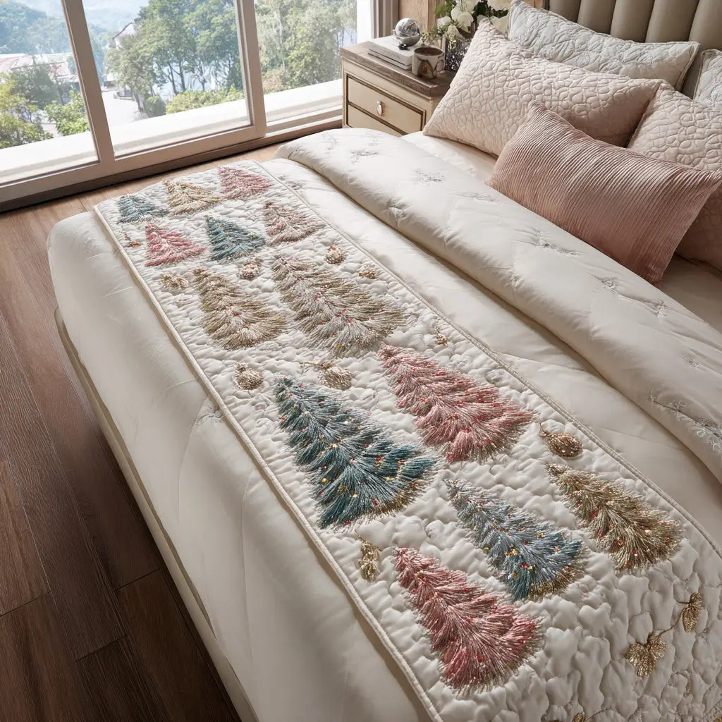 Winter Fir Quilted Bed Runner Frosty Fir Pattern Winter Gift for Grandparents