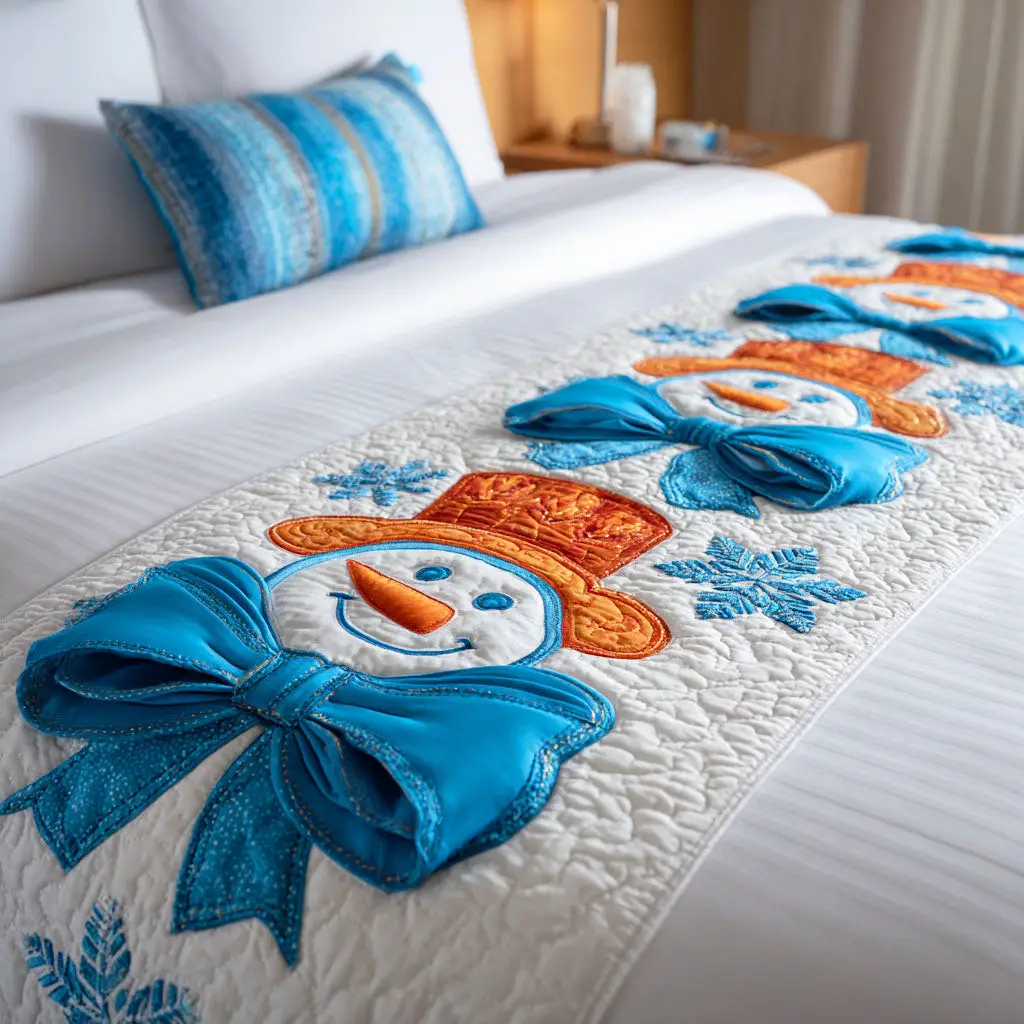 Winter Frostman Quilted Bed Runner Frostman Snow Scene Holiday Gift