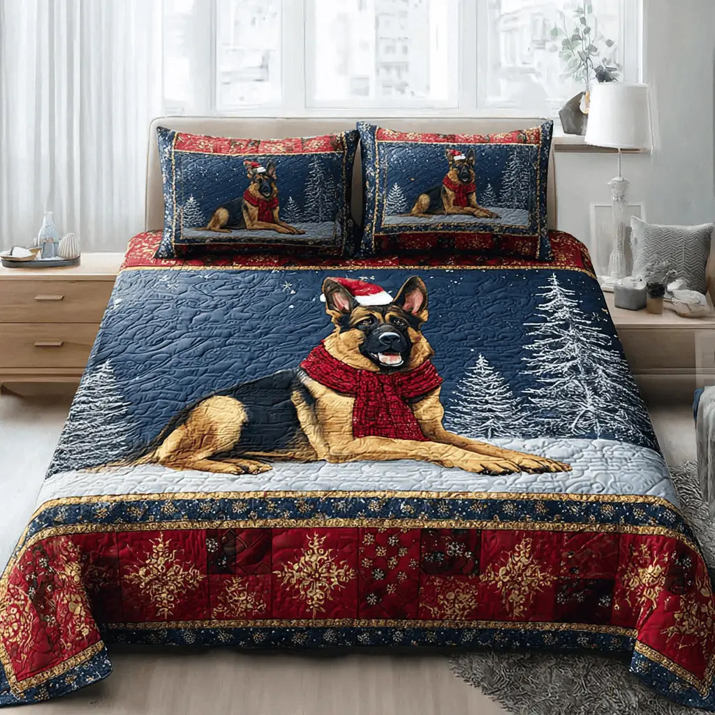 Winter German Shepherd Quilt Bedding Set King Size Quilt Best Christmas Gifts For Dad