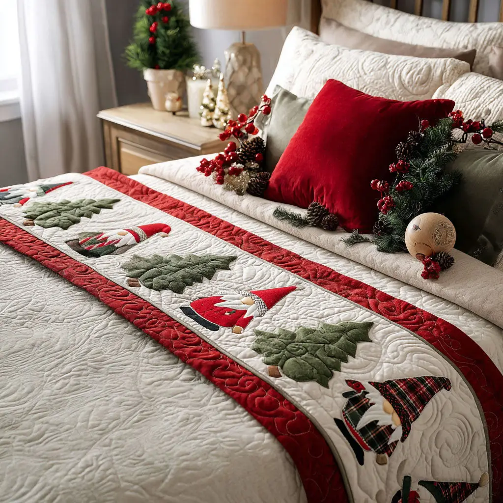 Winter Gnomes Quilted Bed Runner Christmas Gnome Scene Holiday Gift for Grandpa