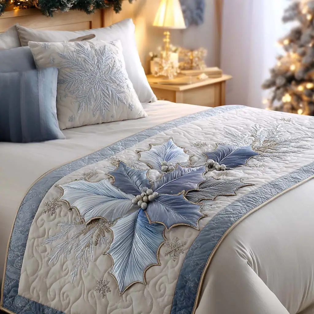 Winter Holly Quilted Bed Runner Holiday Season Look Gift for Sister