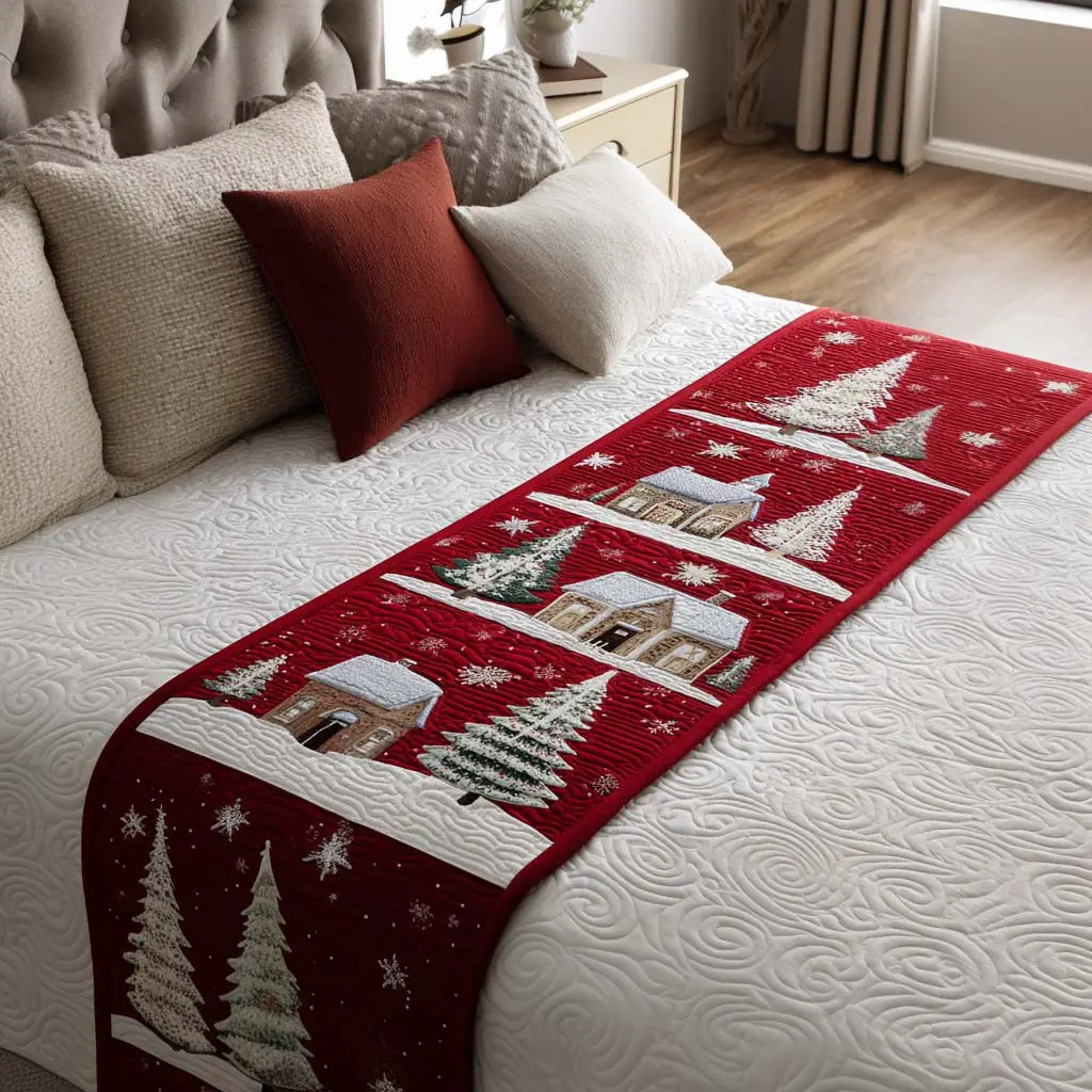 Winter Homes Quilted Bed Runner Snowy Winter Homes Christmas Gift