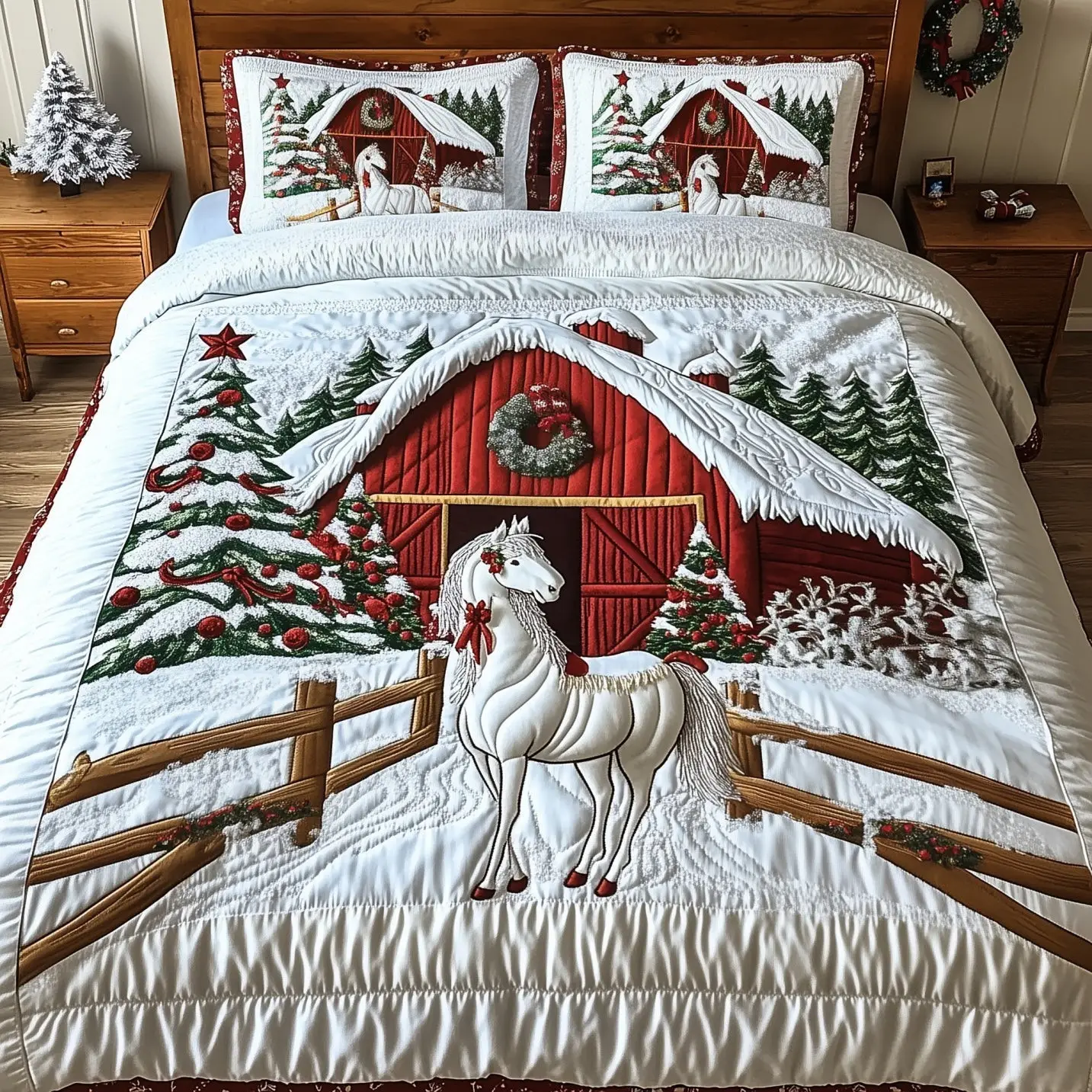 Winter Horse Barn Christmas Quilted Bedding Set Duvet Cover Bedspread Festive Winter Horse Theme Gifts