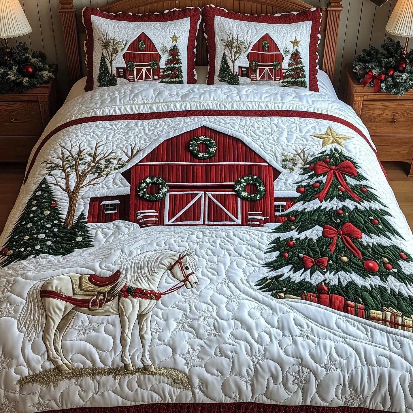 Winter Horse Barn Christmas Quilted Bedding Set Duvet Cover Bedspread Festive Winter Theme Xmas Gifts